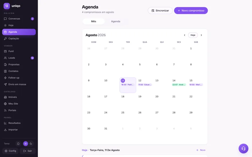 Agenda: As visitas no calendário do mês, ligadas ao Google Agenda e ao iPhone nos dois sentidos.