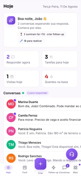 A tela Hoje no celular na manhã seguinte, com as pessoas a responder e as visitas do dia já listadas