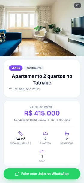 A mesma página do imóvel no celular, com o botão de WhatsApp fixo no rodapé
