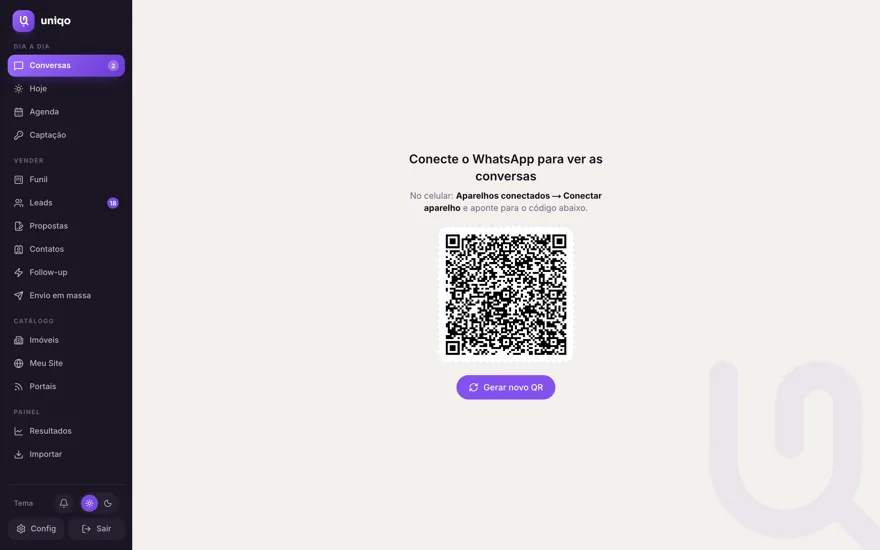 Conectar o número: QR Code com o WhatsApp que você já usa, igual ao WhatsApp Web. Dois minutos.
