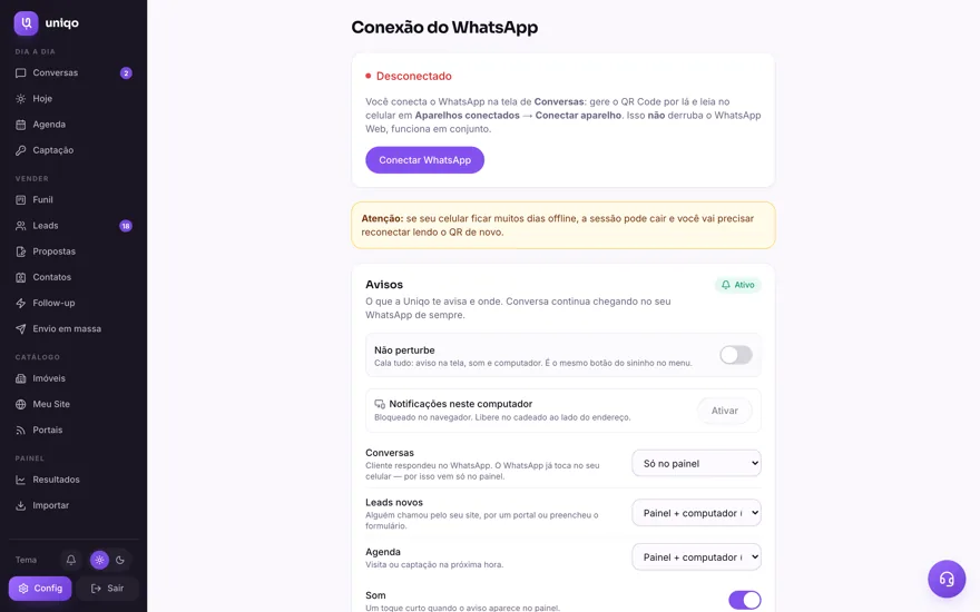 Avisos e equipe: Você escolhe assunto por assunto o que te interrompe, e convida um atendente que trabalha com você sem ver o seu financeiro.