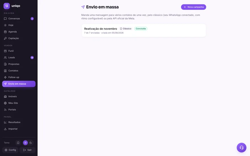 Envio em massa: Falar com a base parada em lote, com texto, foto, vídeo ou áudio, respeitando as mesmas travas.