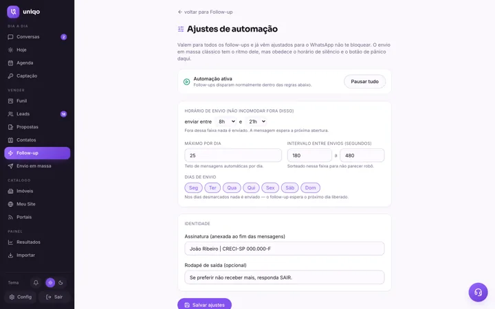 Ajustes do follow-up: janela de silêncio à noite, teto de envios por dia, intervalo entre mensagens e botão de pausa geral