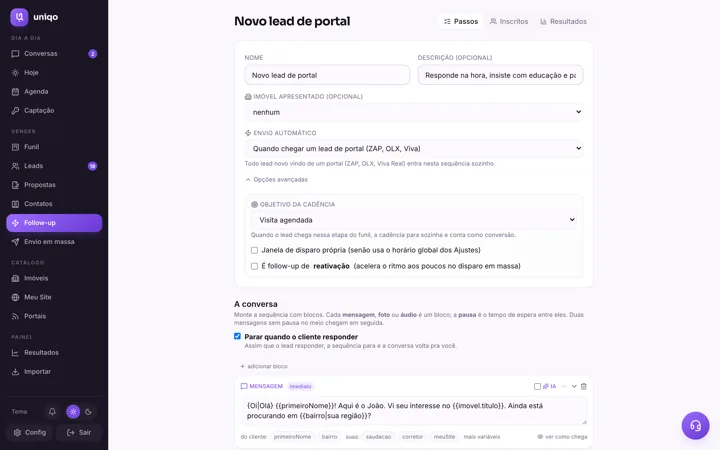 Editor de uma régua de follow-up, com os passos em linha do tempo e o atraso entre cada toque