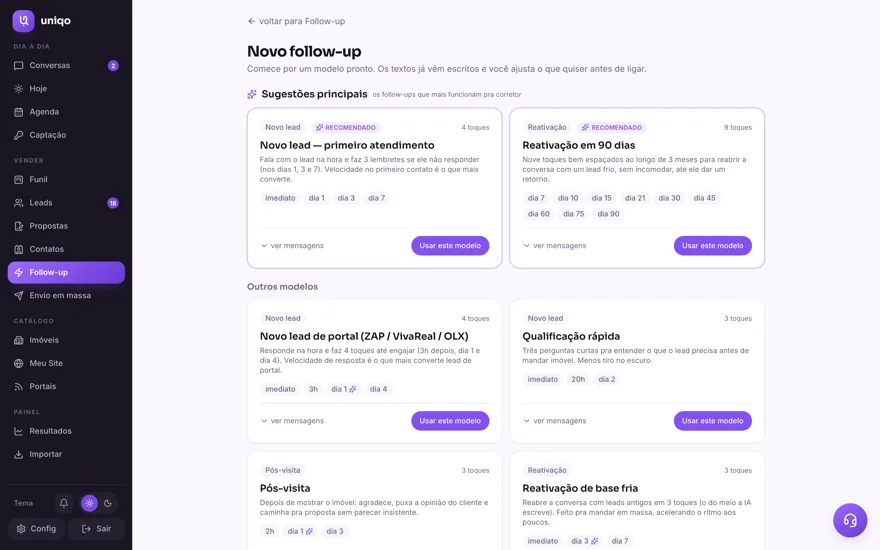 Follow-up: modelos prontos: Biblioteca de réguas escritas em português de corretor: primeiro contato, pós-visita, base parada, retomada de proposta.