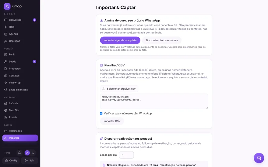 Importar: A agenda do celular e a planilha antiga entram de uma vez, sem você digitar ninguém.