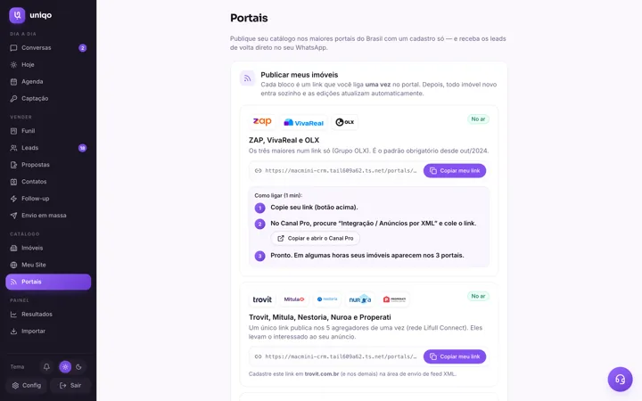 Tela de Portais com os feeds de anúncios prontos para ZAP, Viva Real, OLX e Trovit