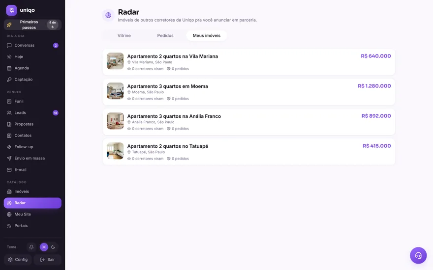 Radar: A vitrine dos outros corretores da Uniqo: você vê o que eles têm, pede parceria e importa o imóvel pro seu catálogo.