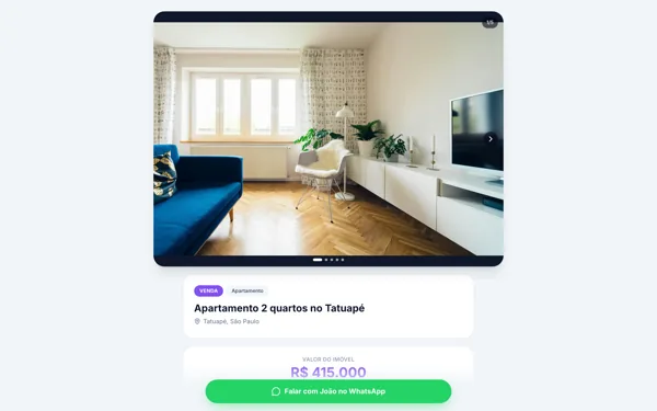 Página de venda de um apartamento no Tatuapé: galeria de fotos, preço de R$ 415.000 e botão verde de falar no WhatsApp